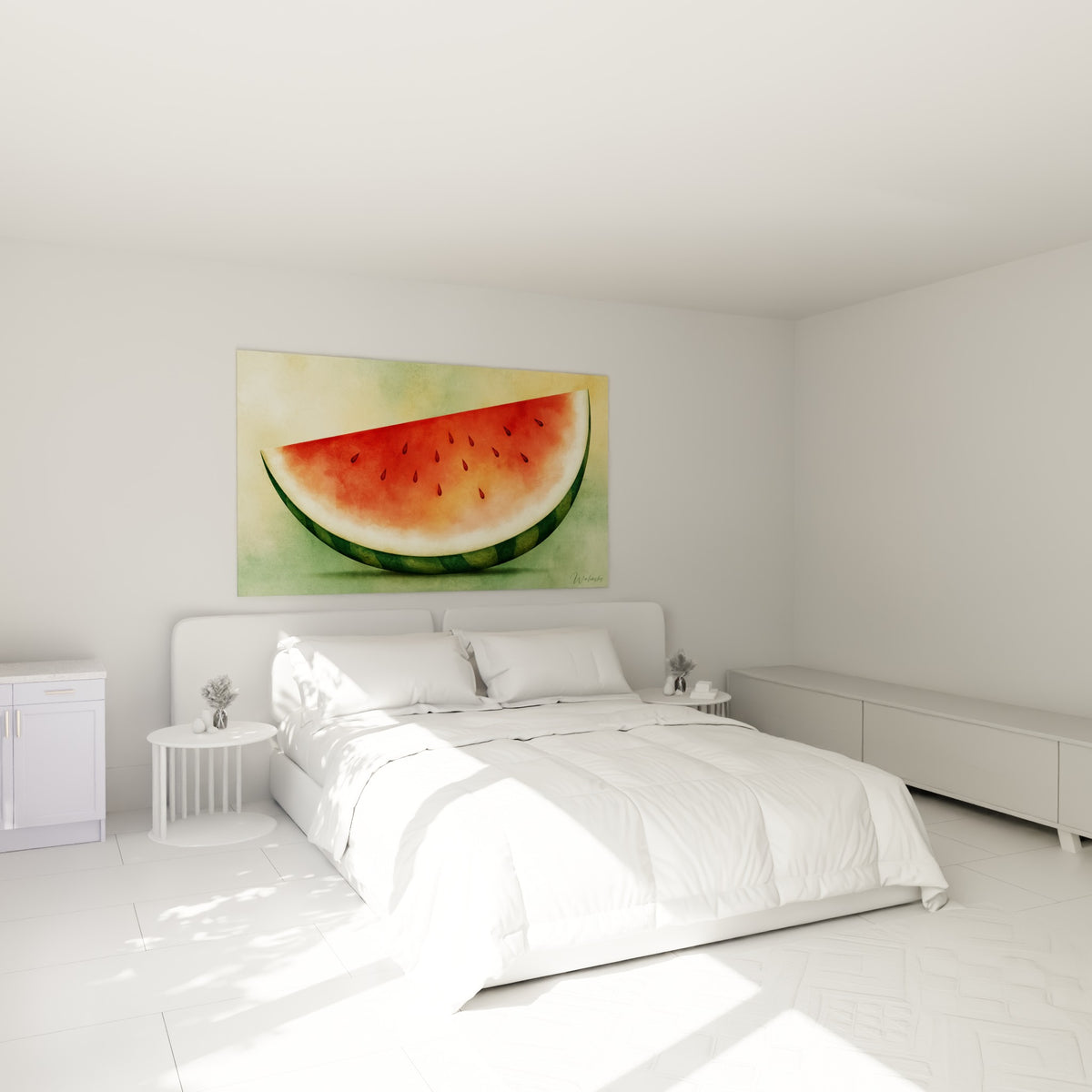 Quartier de pastèque rouge corail et vert sauge accroché au-dessus d'un lit dans une chambre claire