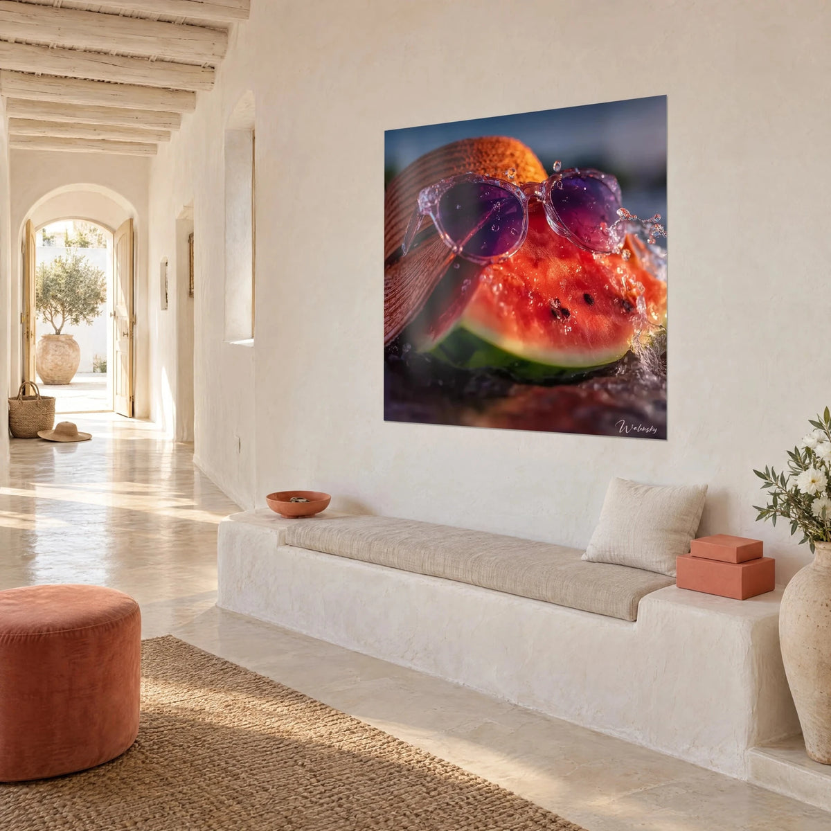 Quadro di fetta di anguria vermiglio, occhiali trasparenti e cappello di paglia ramato, vista a tre quarti in una casa mediterranea