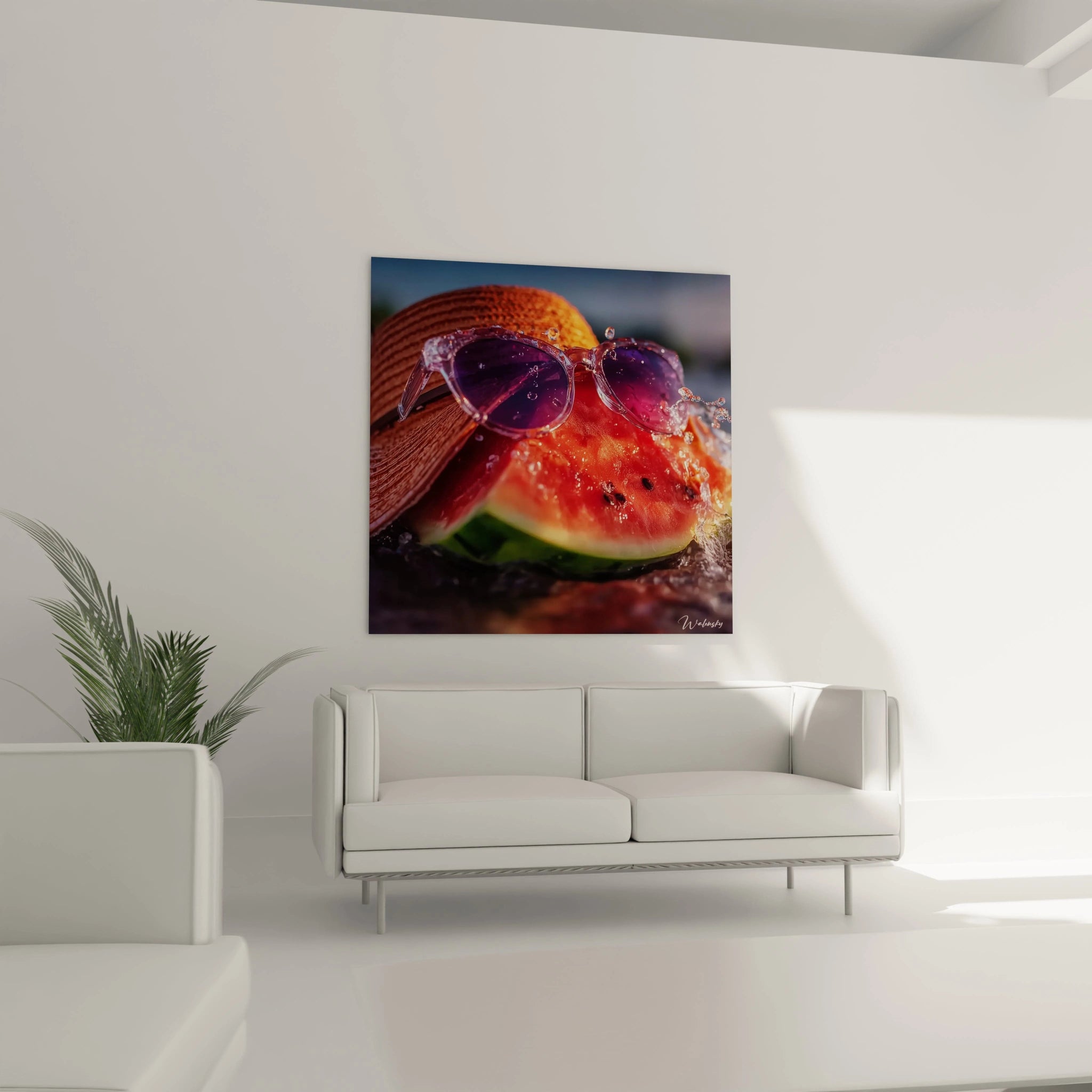 Tableau mural Walensky montrant une tranche de pastèque avec lunettes de soleil décor estival tableau pastèque design