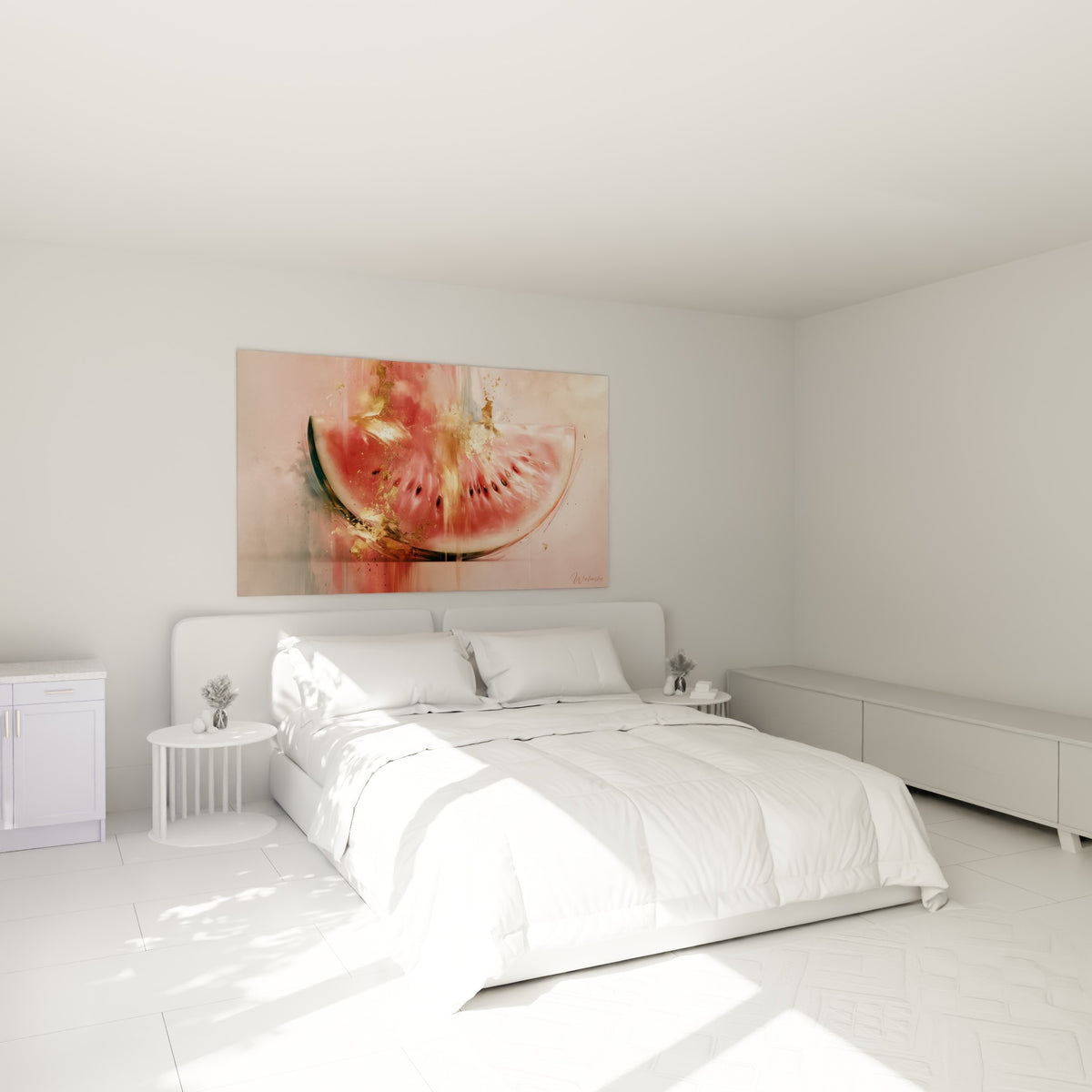 Pastèque rose corail aux éclats dorés, au-dessus d'un lit dans une chambre claire