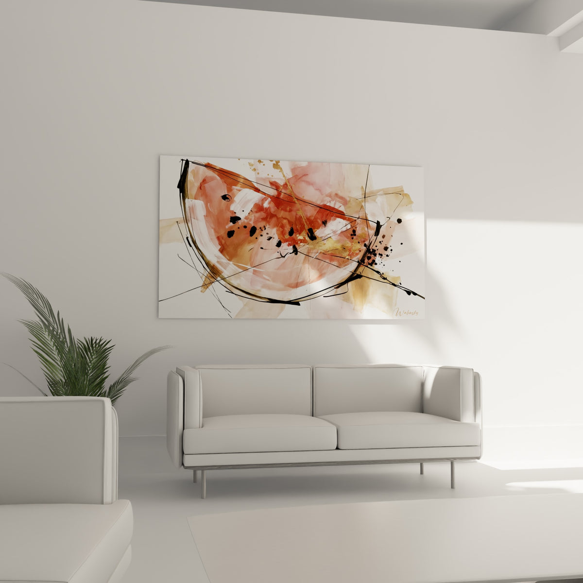 Fruit terracotta et doré aux lignes graphiques accroché au-dessus d'un canapé dans un salon lumineux