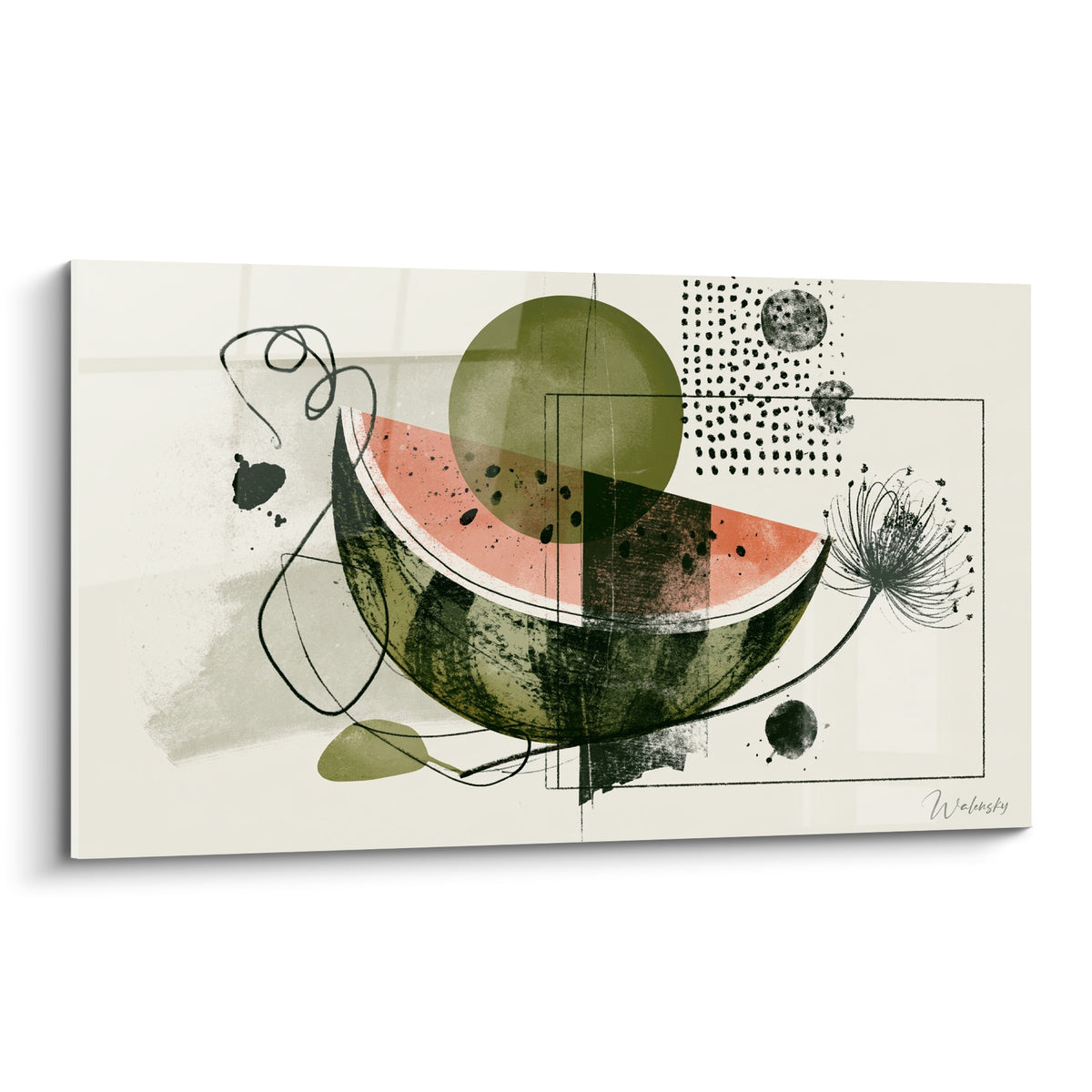 Pastèque corail et vert olive en tranche stylisée, cercle et pois noirs, composition graphique