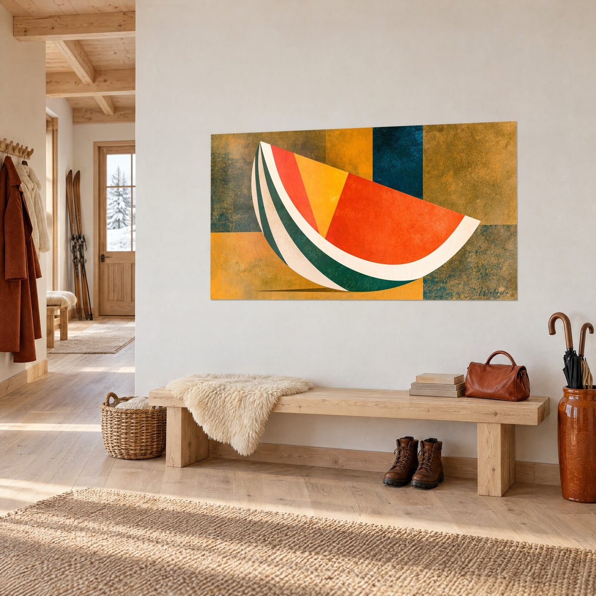Wall art sliced fruit in vermilion and saffron flat tones, ochre and petrol blue background, above a wooden entryway bench