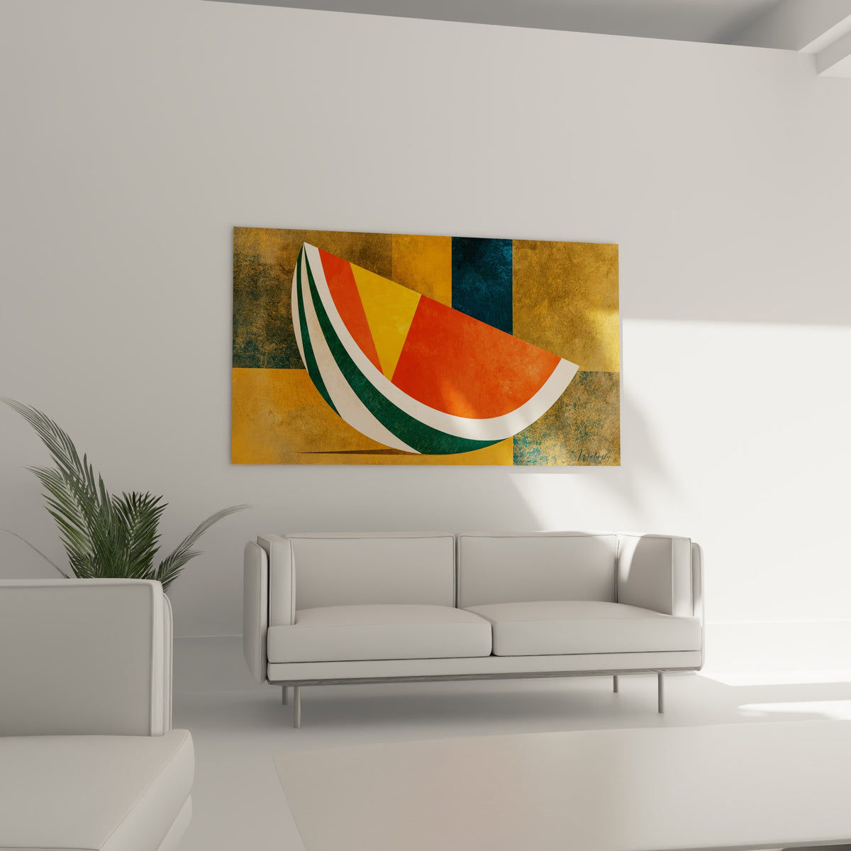 Pastèque graphique aux tons ocre et anthracite au-dessus d'un canapé dans un salon lumineux