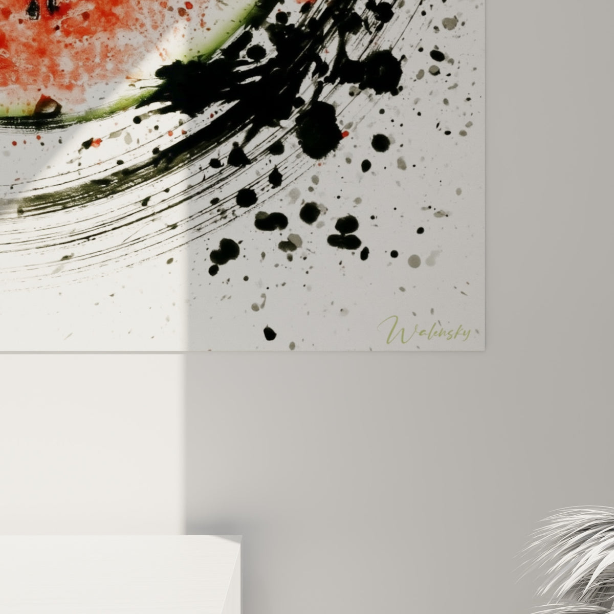 Détail des coulures noires et rouges de la pastèque révélant le grain de l'impression