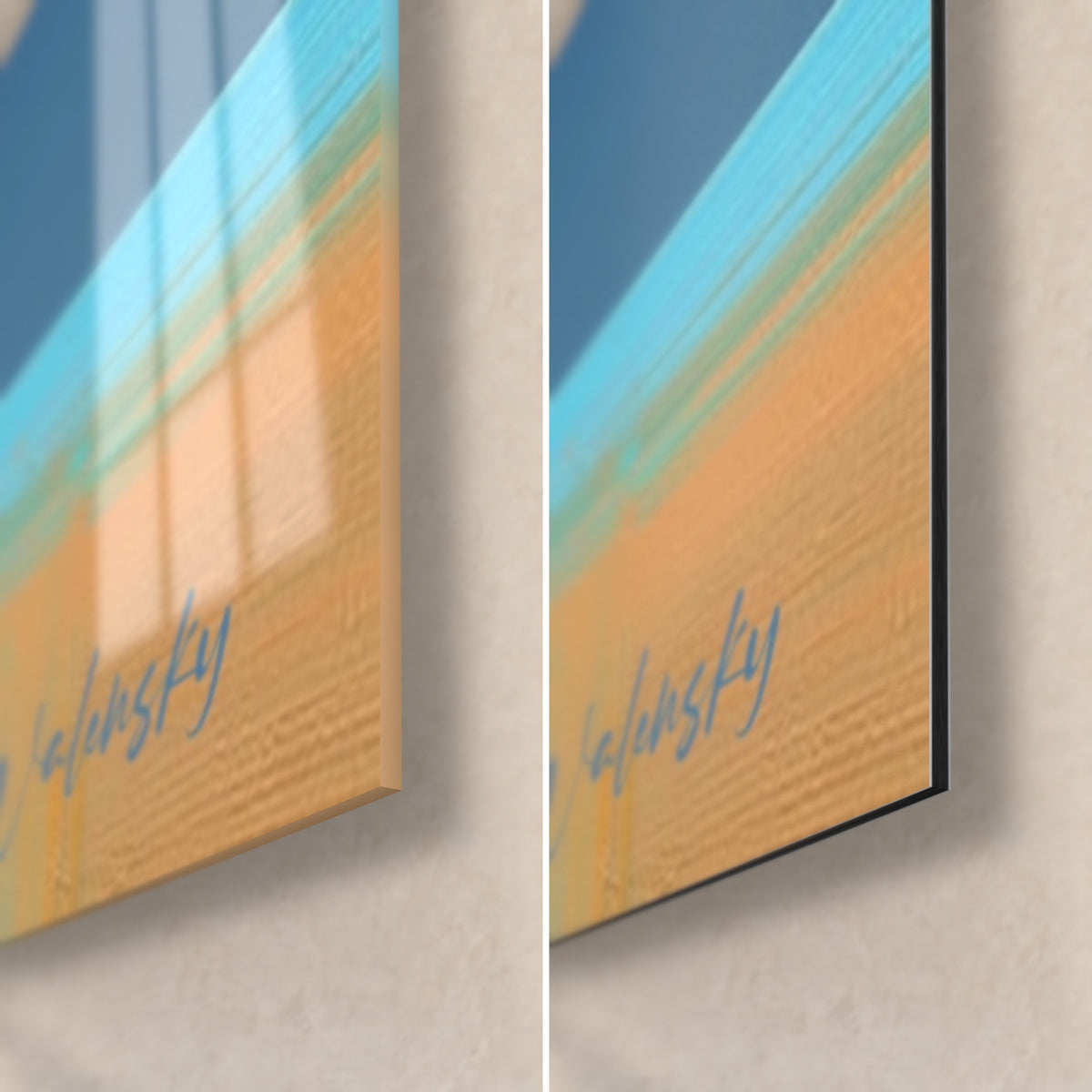 Tableau tranche de pastèque peinte, coin bas droit en verre brillant à gauche, alu Dibond mat à droite, bleu turquoise et sable