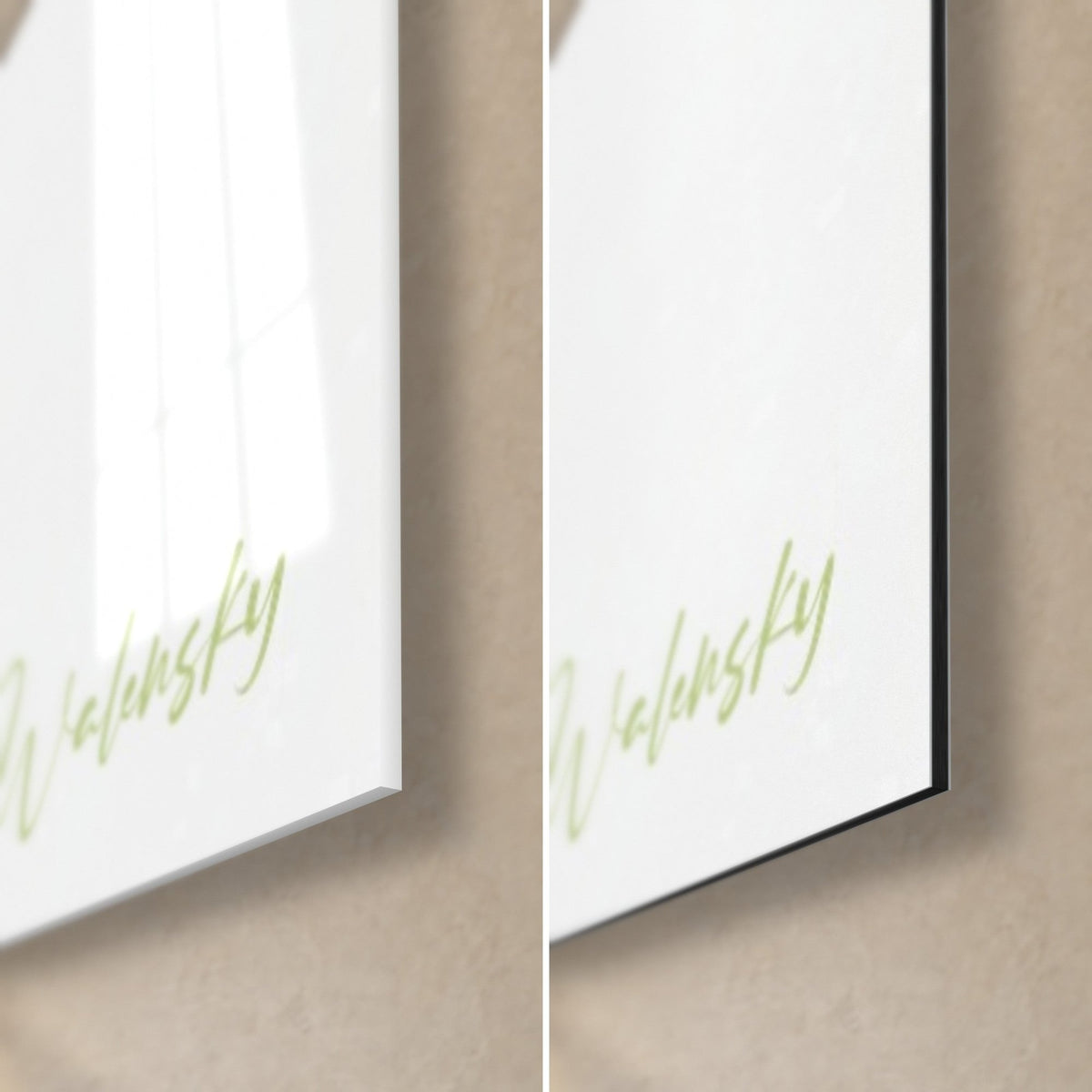 Wall art of a watercolour watermelon, bottom right corner: glossy acrylic glass on the left, matte white Dibond on the right, 3 mm thickness