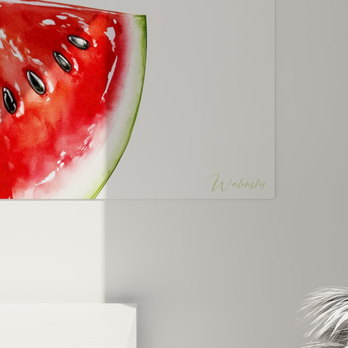 Détail de la pastèque aquarelle montrant les coulures rouges et le grain de la toile