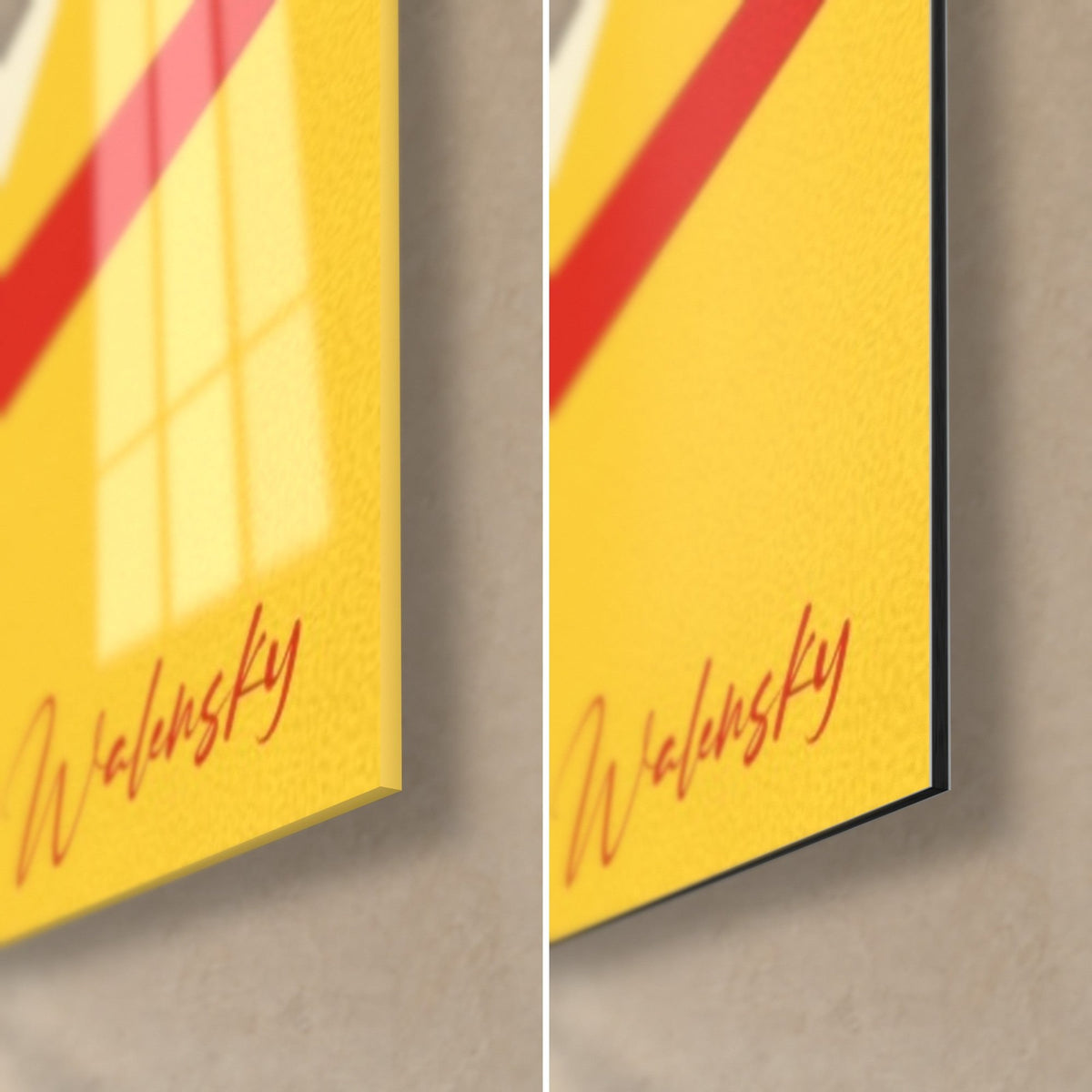 Wall art red and yellow summer fruit, bottom right corner: glossy acrylic glass on the left, matte Dibond aluminium on the right, 3 mm thickness