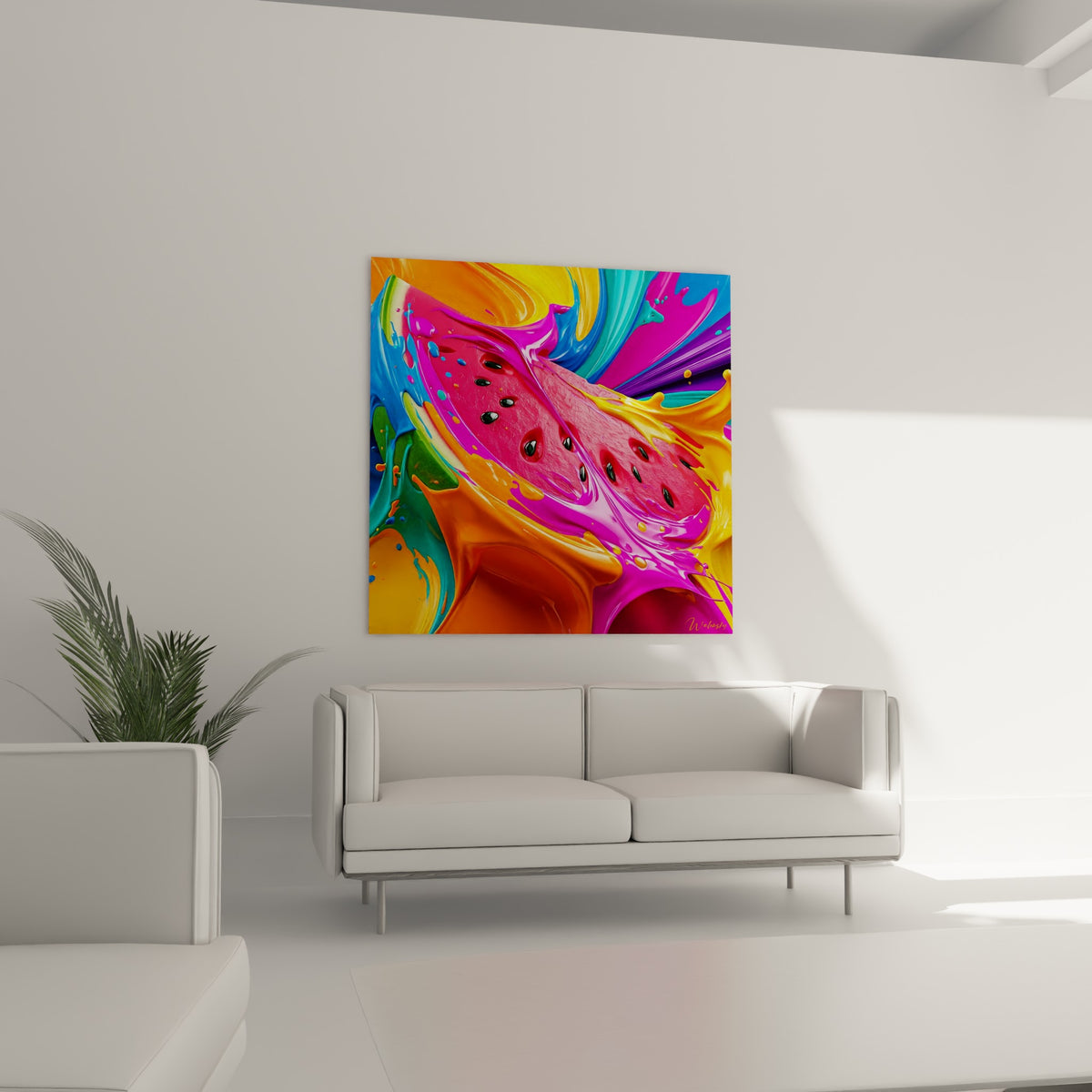 Chair rouge de pastèque entourée d'éclaboussures turquoise et dorées, au-dessus d'un canapé dans un salon lumineux