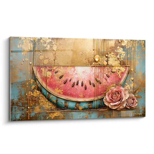 Tableau Tranche de pastèque dorée et roses - Éclat suranné - Edition Pastèque