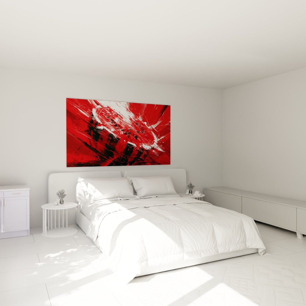 Tranche de pastèque écarlate expressionniste accrochée au-dessus d'un lit dans une chambre claire