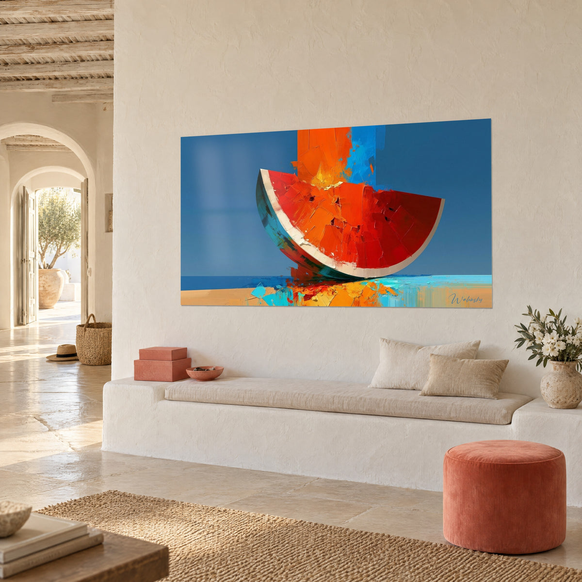Wall art watermelon in orange and red palette-knife strokes on a cobalt blue background, white wall of a Mediterranean house