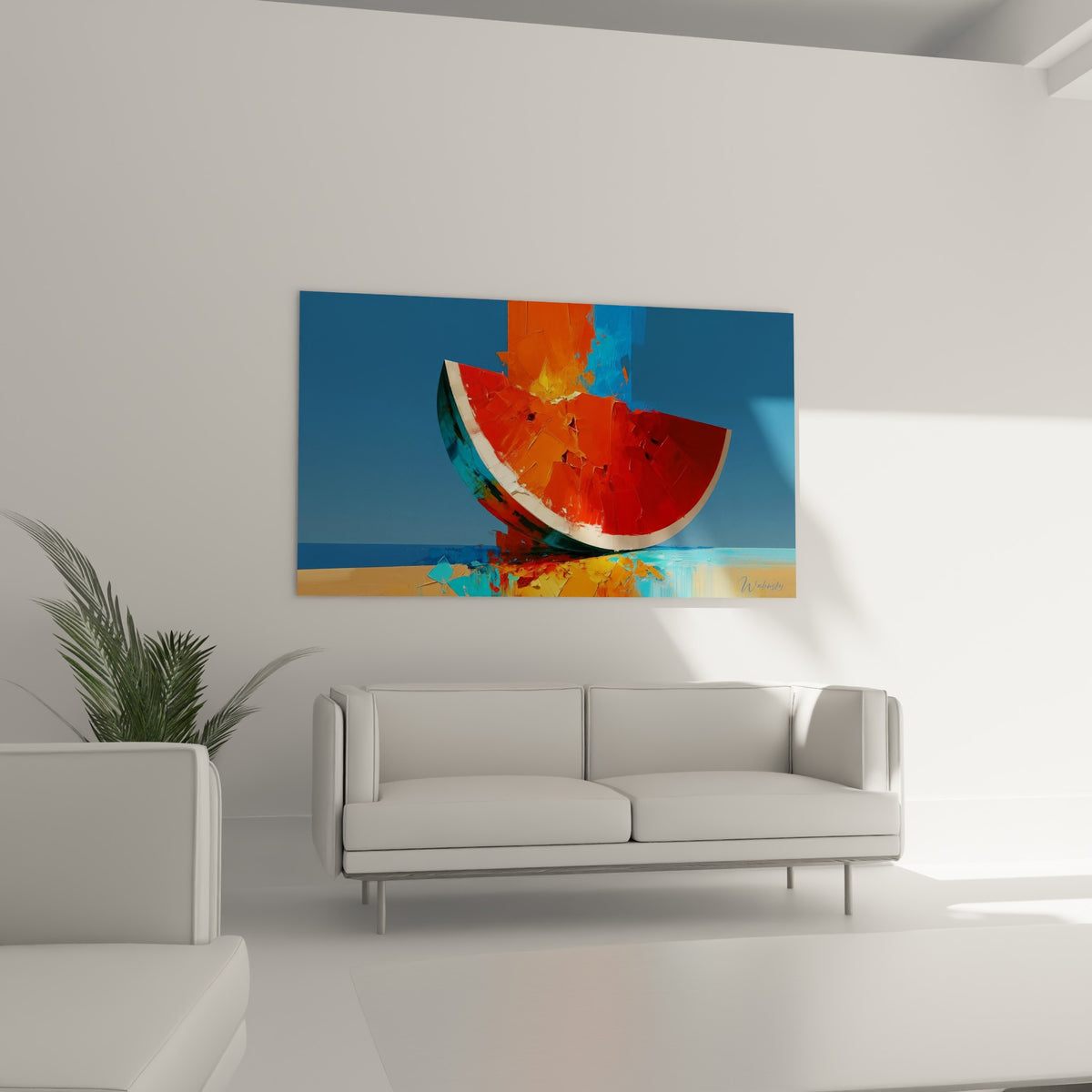 Pastèque écarlate et bleu profond, reflet turquoise au sol, suspendue au-dessus d'un canapé dans un salon lumineux