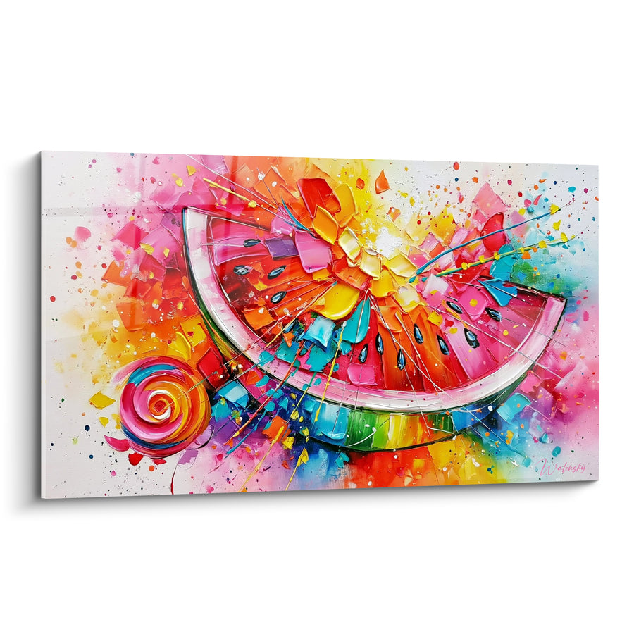 Tableau Pastèque rose et turquoise près d'une sucette - Spirale multicolore en bonbon - Edition Pastèque