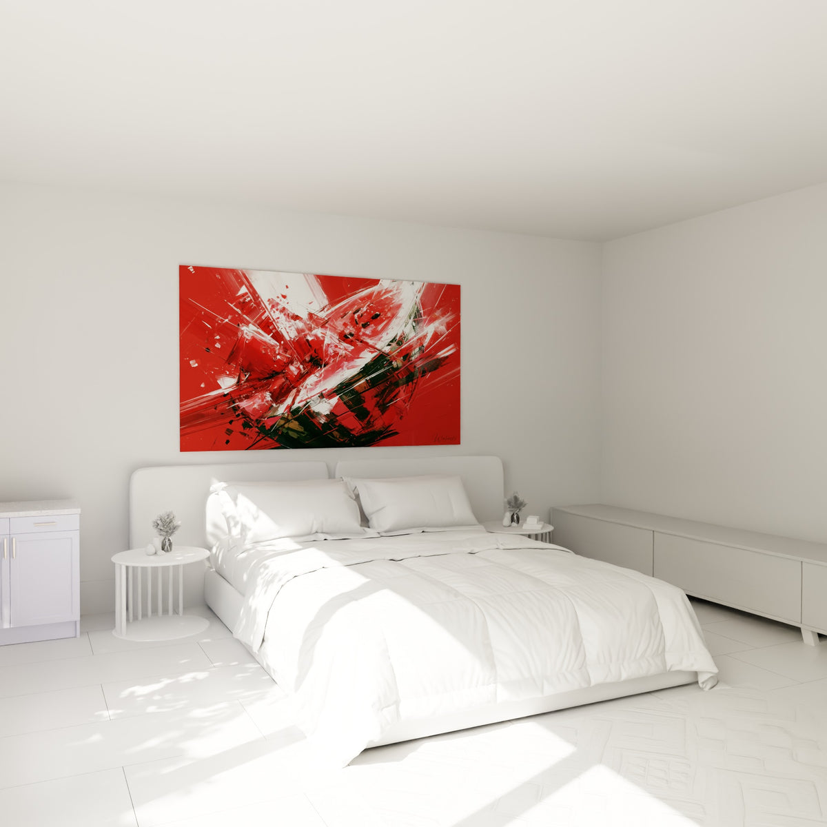 Fragments de pastèque rouge et blanc figés dans une explosion picturale, accrochés au-dessus d'un lit dans une chambre claire