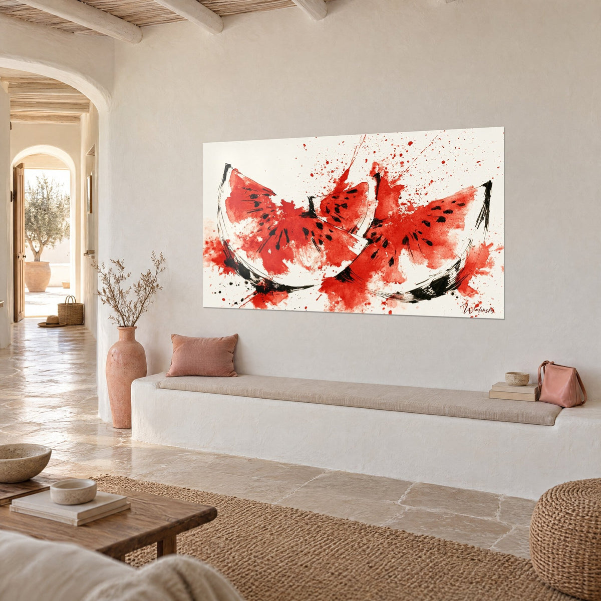 Wall art watercolor watermelon slices, rinds traced in black ink and scarlet flesh, on a whitewashed wall