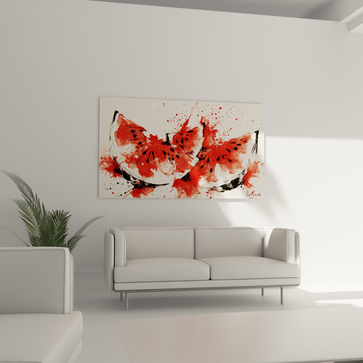 Fruit tranché en aquarelle rouge et noir intense, disposé au-dessus d'un canapé dans un salon lumineux