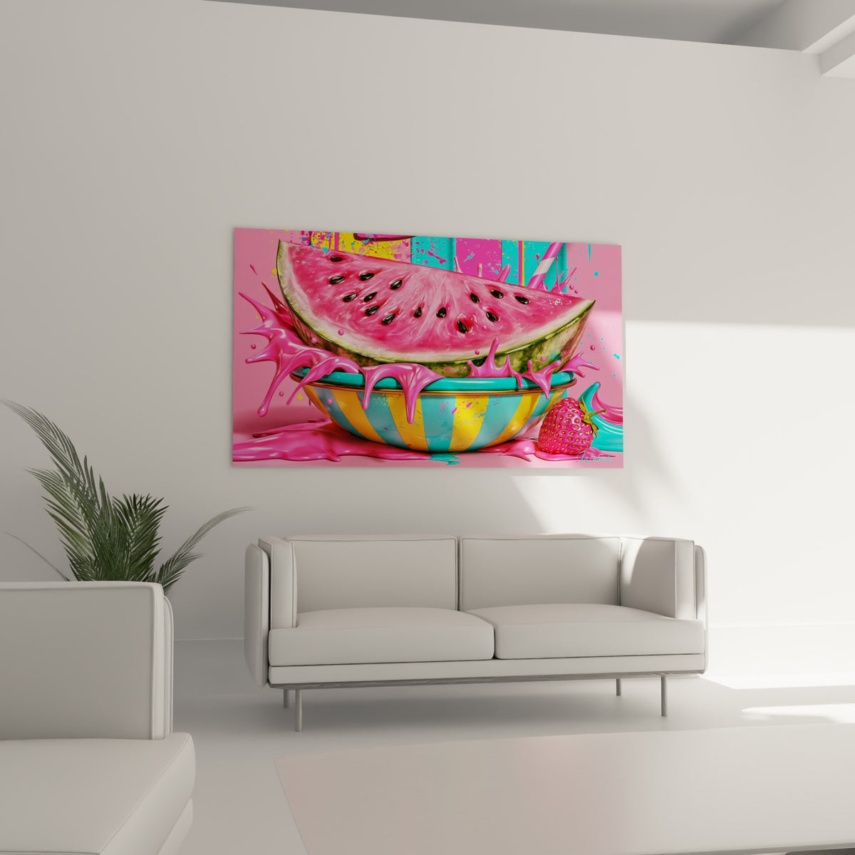 Tranche de pastèque débordant de peinture rose et turquoise au-dessus d'un canapé dans un salon lumineux