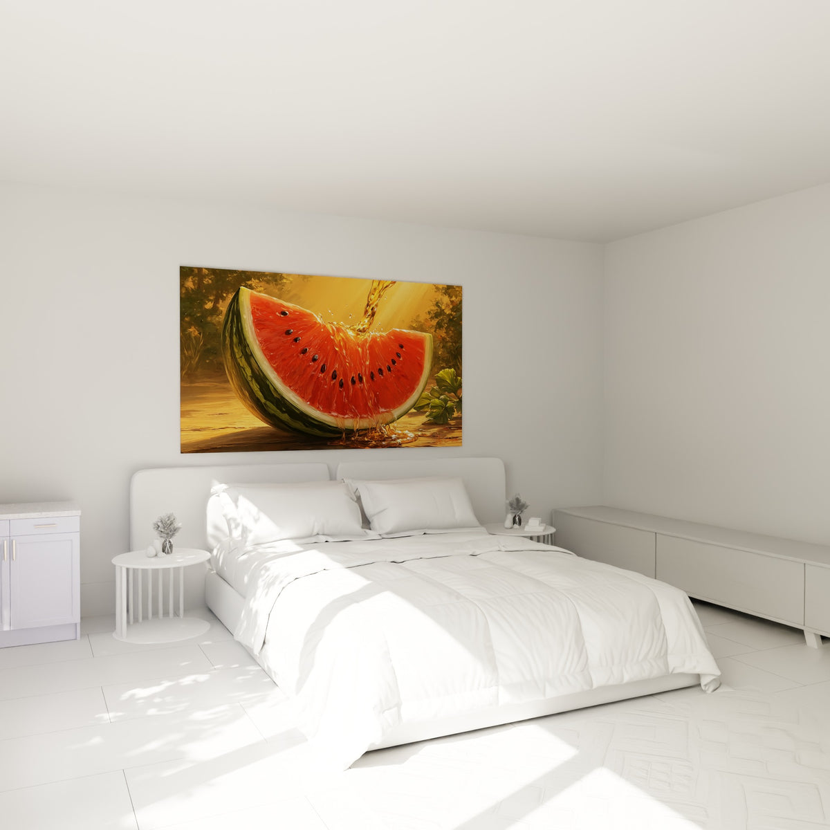 Tranche de pastèque rouge et verte, jus doré ruisselant, au-dessus d'un lit dans une chambre claire