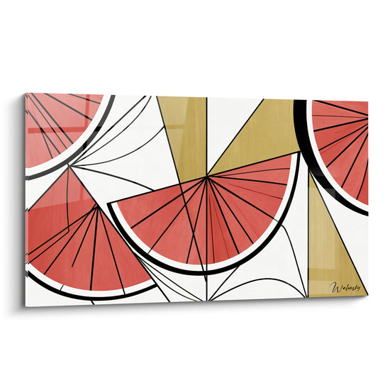Tableau Tranches de pastèque rouge et dorée aux rayons noirs - Triangles dorés géométriques - Edition Pastèque