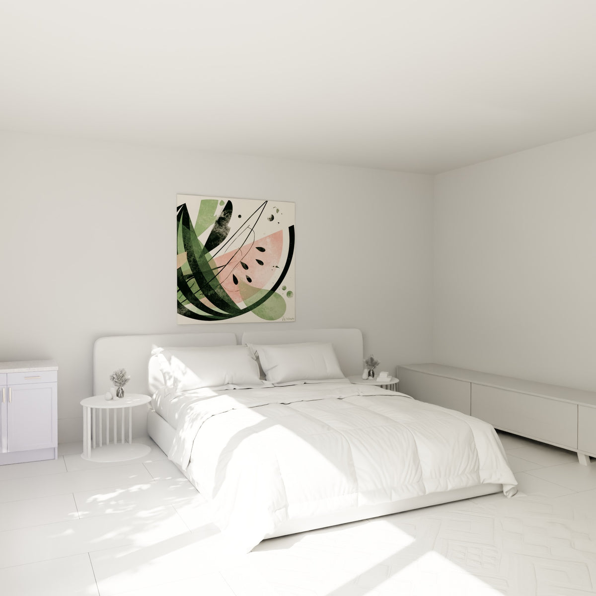 Tranche de pastèque graphique rose et vert au-dessus d'un lit dans une chambre claire