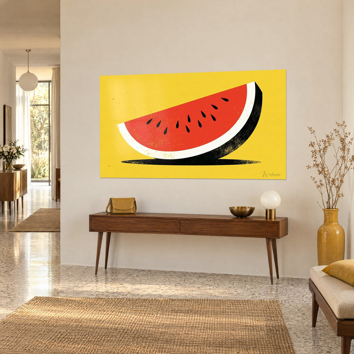 Wall art watermelon slice in bold orange and cream white flat colours, with black drop shadow, on lemon background, beige wall and wooden console