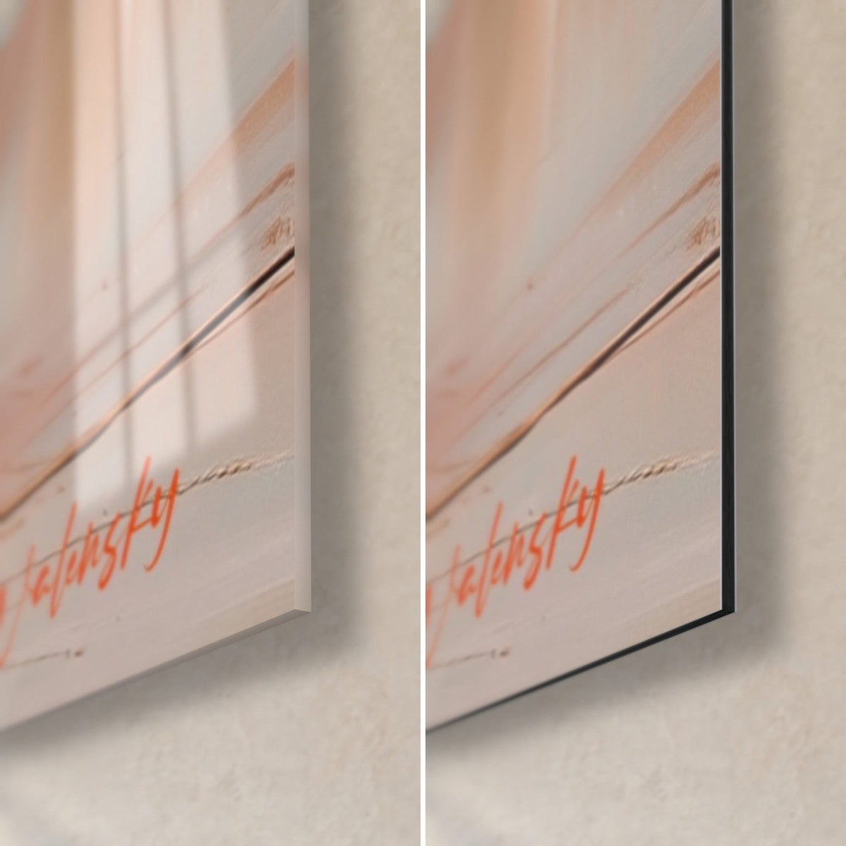 Wall art of a burst pink and gold watermelon, bottom right corner: glossy glass on the left, matte Dibond on the right, 3 mm edge