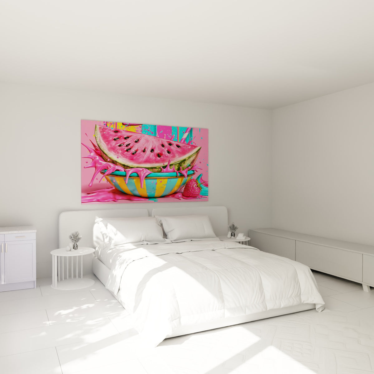 Pastèque gourmande aux teintes rose et jaune moutarde accrochée au-dessus d'un lit dans une chambre claire