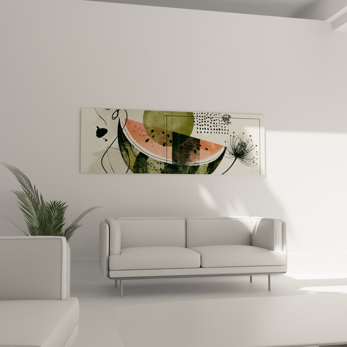 Pastèque illustrée en corail et olive suspendue au-dessus d'un canapé dans un salon lumineux