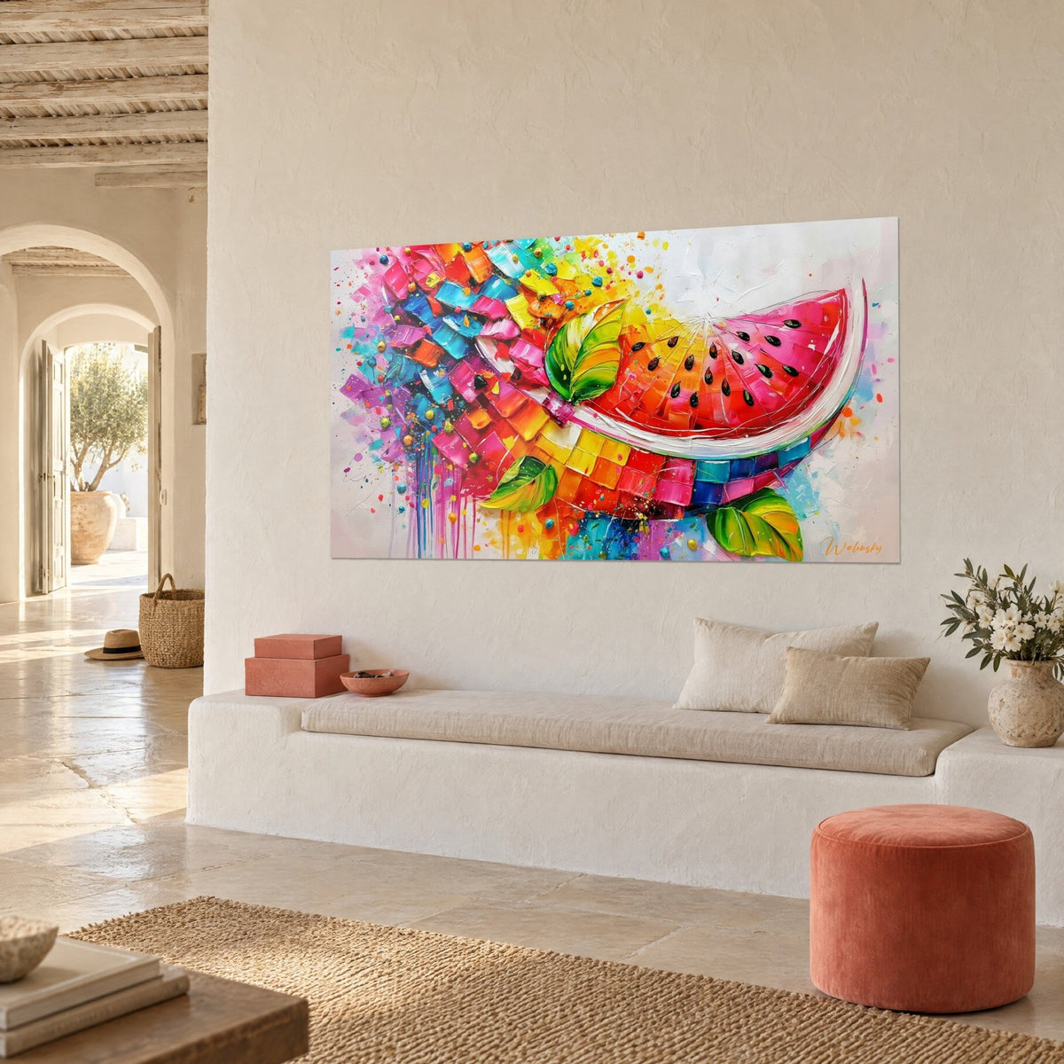 Obraz intensywny owoc lata, czarne pestki na różowym miąższu i żółto-pomarańczowa mozaika, na ścianie białej kamiennej niszy