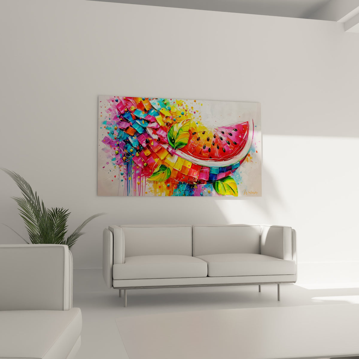 Pastèque colorée aux tons turquoise et orange, texture en relief, au-dessus d'un canapé dans un salon lumineux