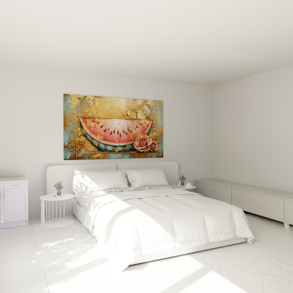 Tranche de pastèque dorée aux tons roses et turquoise, accrochée au-dessus d'un lit dans une chambre claire