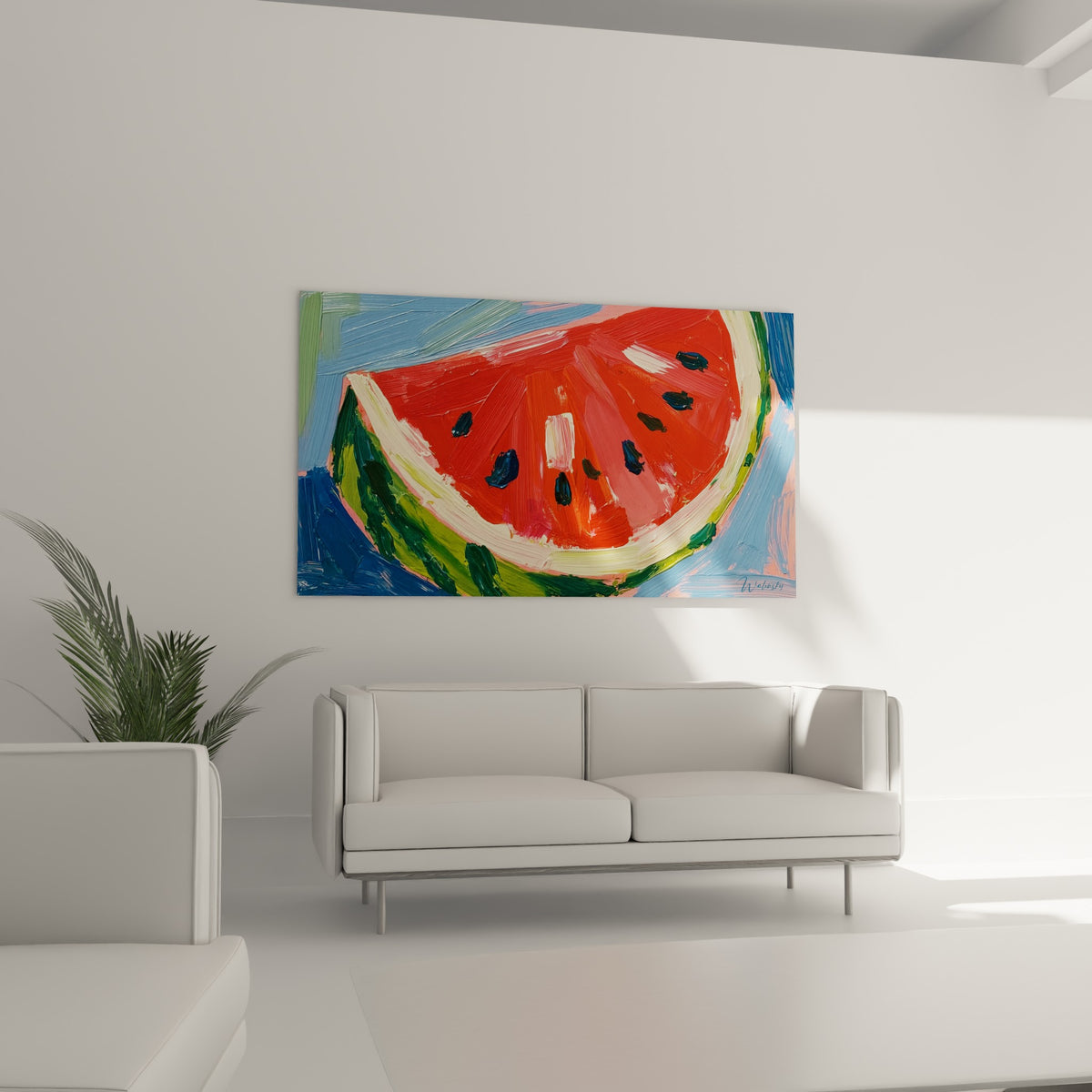 Pastèque gourmande aux teintes rouge corail et vert olive au-dessus d'un canapé dans un salon lumineux