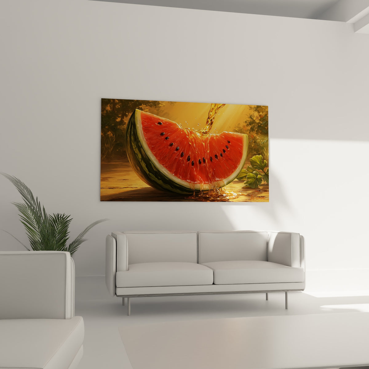 Pastèque juteuse aux couleurs rouge et ocre, pépins noirs visibles, au-dessus d'un canapé dans un salon lumineux