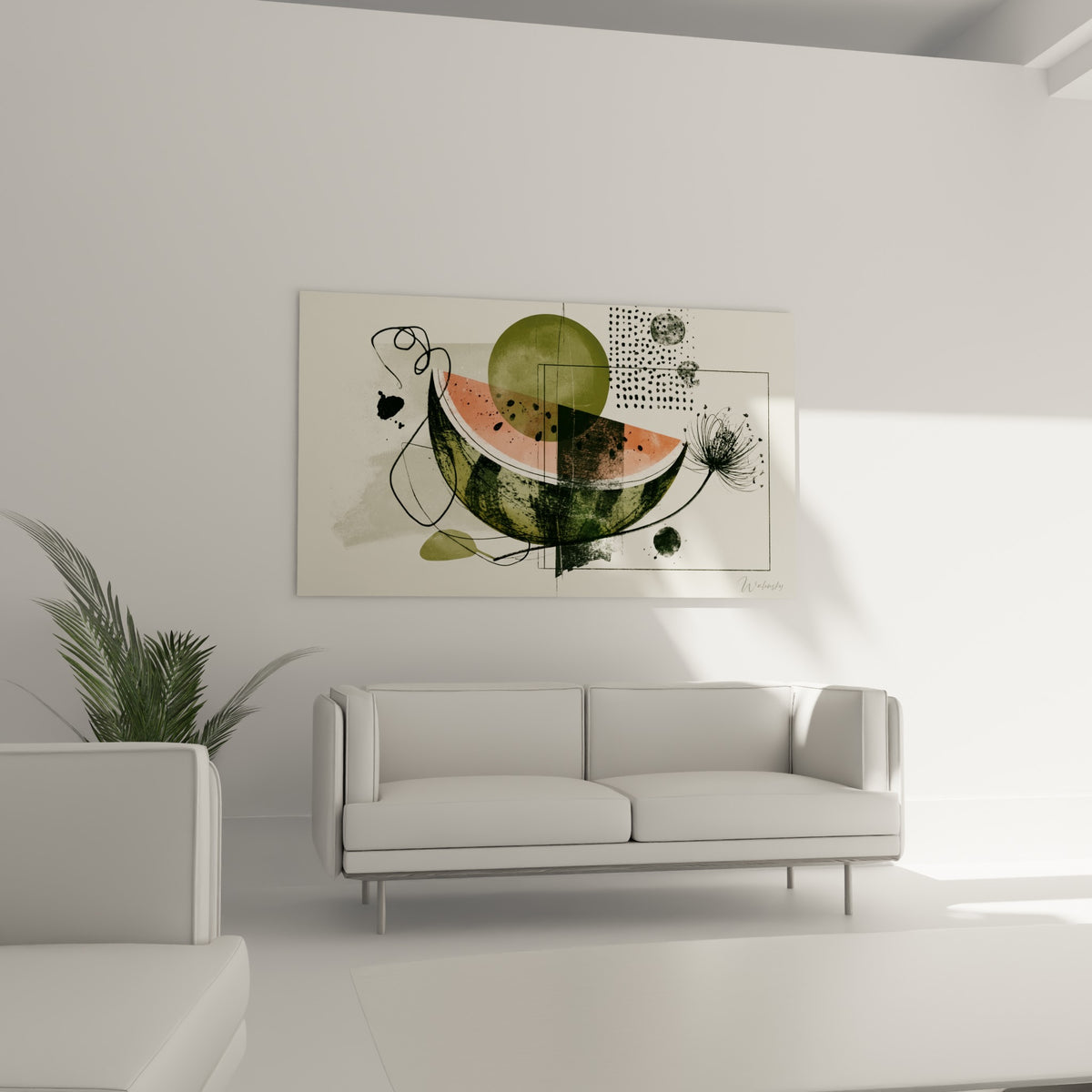 Fruit de pastèque aux tons corail et vert olive, motifs pointillés noirs, au-dessus d'un canapé dans un salon lumineux