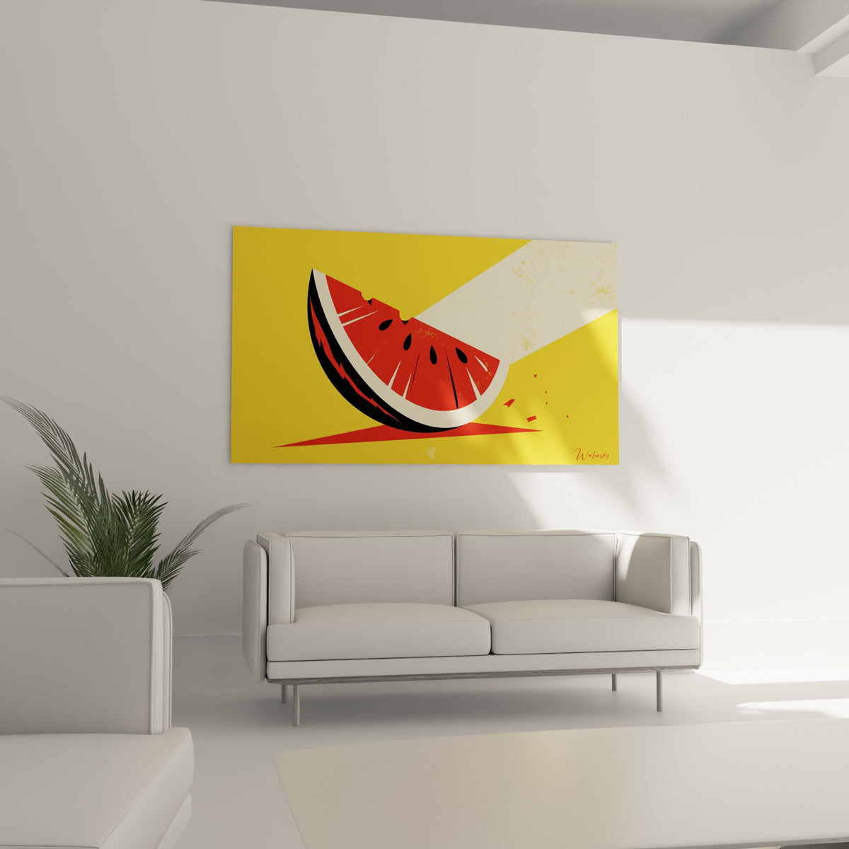 Fruit rouge et noir illustré en aplats francs, disposé au-dessus d'un canapé dans un salon lumineux