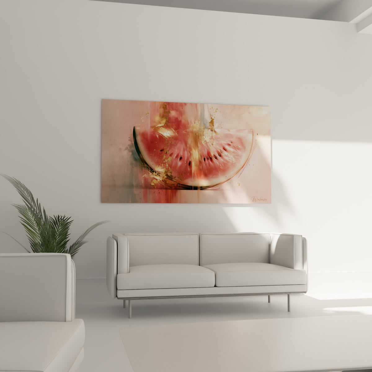 Pastèque poudrée traversée de coulées dorées, au-dessus d'un canapé dans un salon lumineux