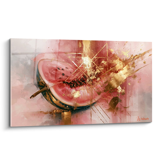 Tableau Quartier de pastèque rose et dorée aux traits géométriques entrelacés - Pépins noirs groupés - Edition Pastèque