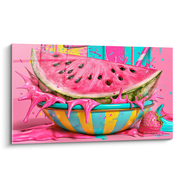 Tableau Pastèque rose et turquoise dans un bol rayé - Fraise à la crème - Edition Pastèque