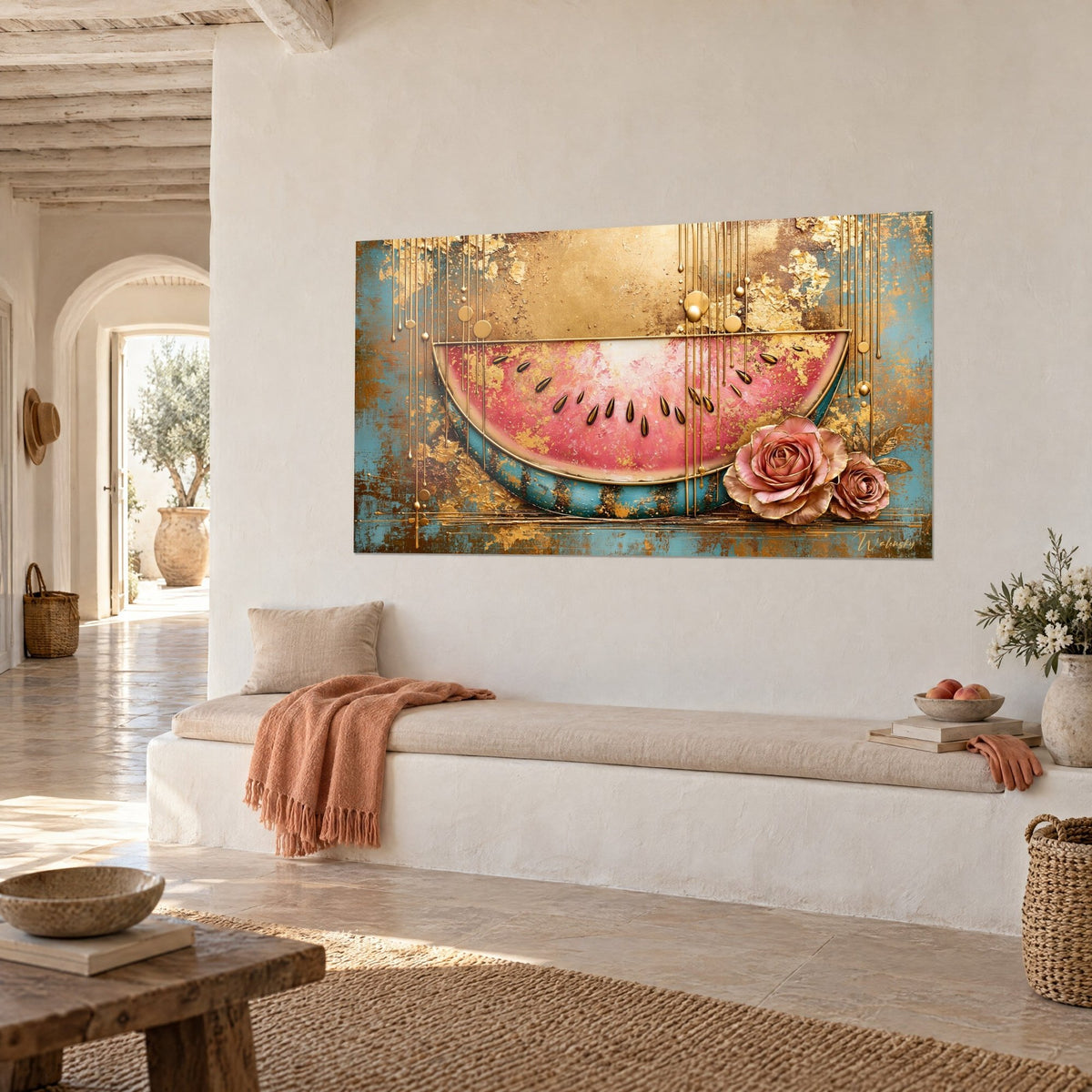 Tableau demi-melon rosé cerclé de turquoise, roses cuivrées en relief, fond doré patiné, mur blanc d'une maison provençale