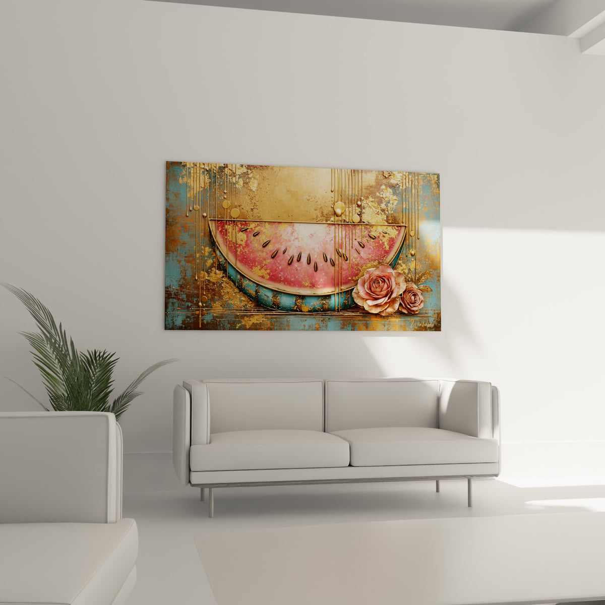 Pastèque rose vif sur fond doré patiné avec roses roses, au-dessus d'un canapé dans un salon lumineux