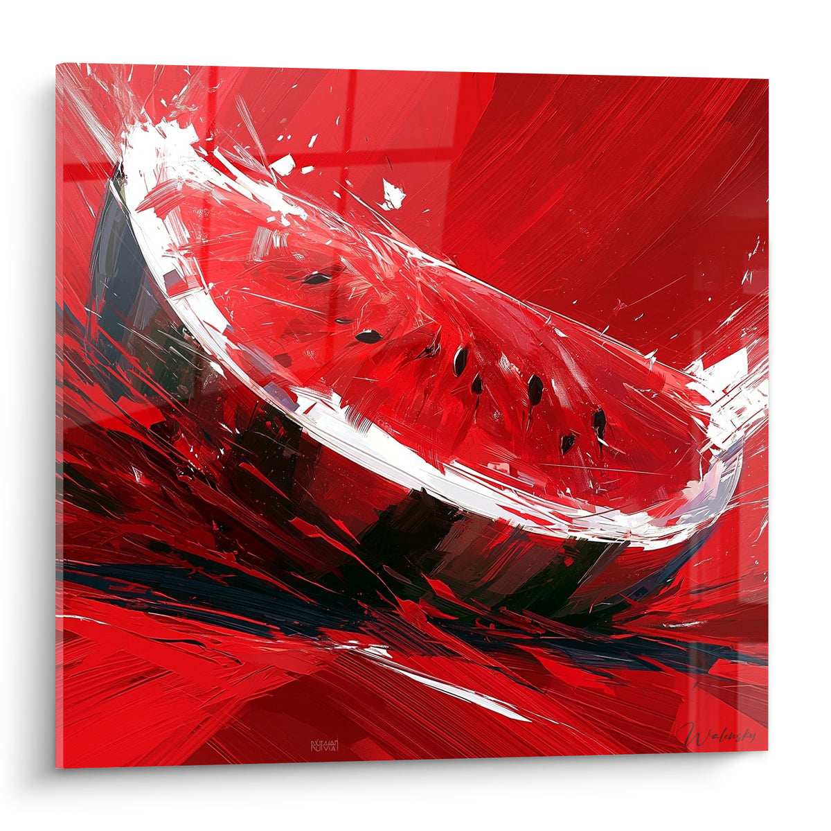 Pastèque rouge fendue aux éclats blancs et pépins noirs, style pictural expressif et intense