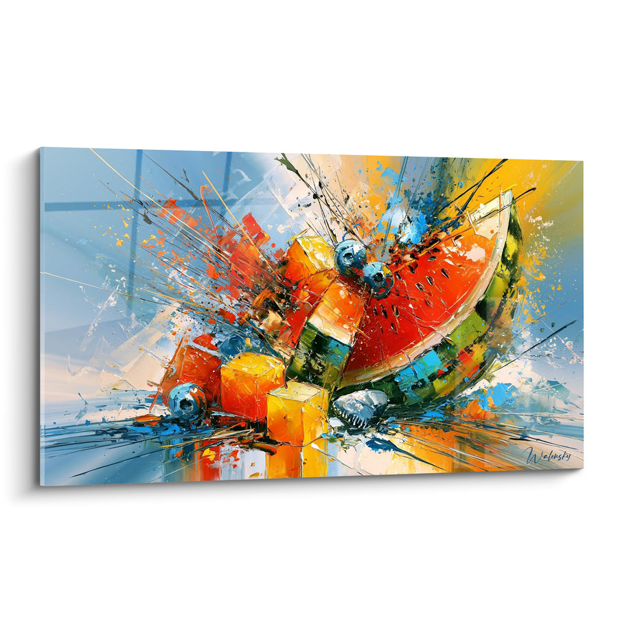 Tableau Pastèque rouge et bleue en fragments cubiques - Éclats de glace - Edition Pastèque