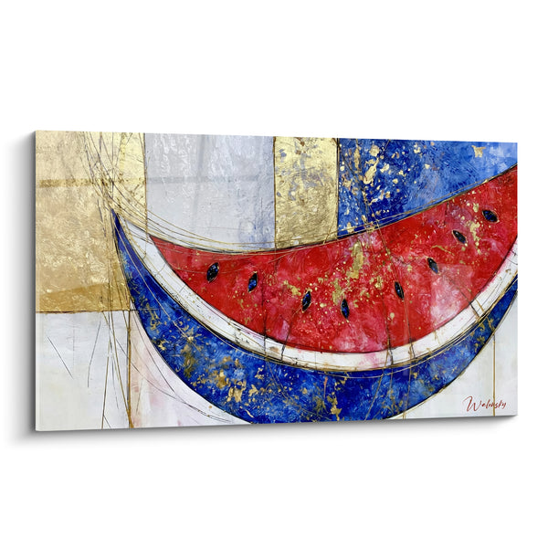 Tableau Pastèque rouge et bleu marine dorée - Éclat d'été doré - Edition Pastèque