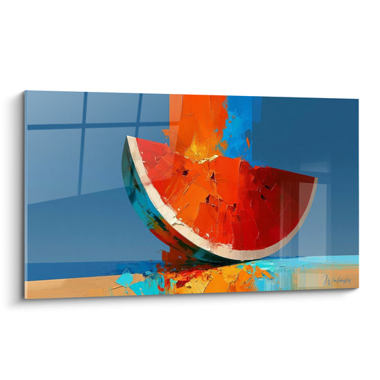 Tableau Quartier de pastèque rouge et bleu sur fond fenêtré - Rayures ombrées grillagées - Edition Pastèque