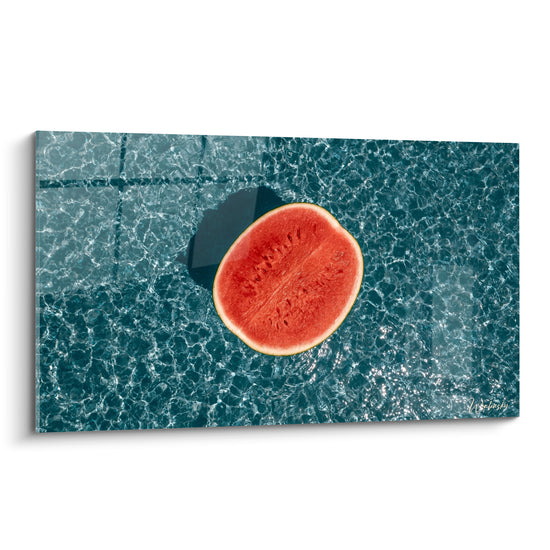 Tableau Pastèque rouge et bleu pétrole flottant en piscine - Ombre carrelée sous l'eau - Edition Pastèque