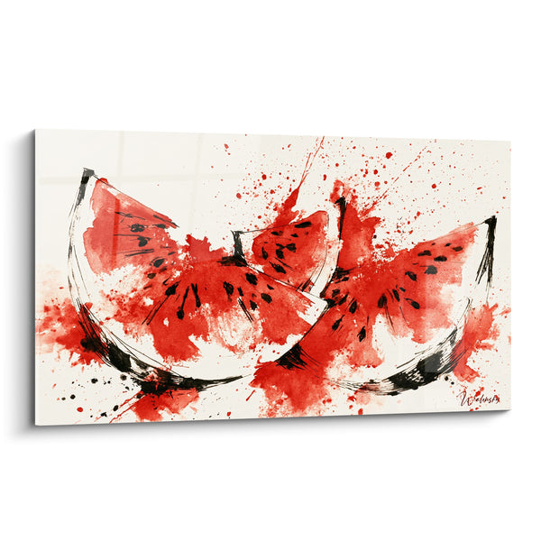 Tableau Quartiers de pastèque rouge et noire à l'encre - Éclaboussures en aquarelle - Edition Pastèque