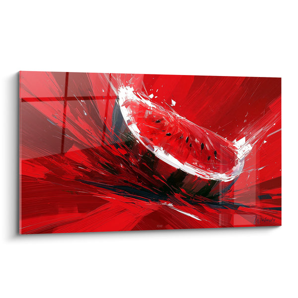 Tableau Quartier de pastèque rouge et blanc immergé dans une tempête de traits - Fond monochrome tourbillonnant - Edition Pastèque
