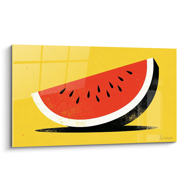 Tableau Quartier de pastèque rouge et jaune posé - Fond quadrillé texturé - Edition Pastèque
